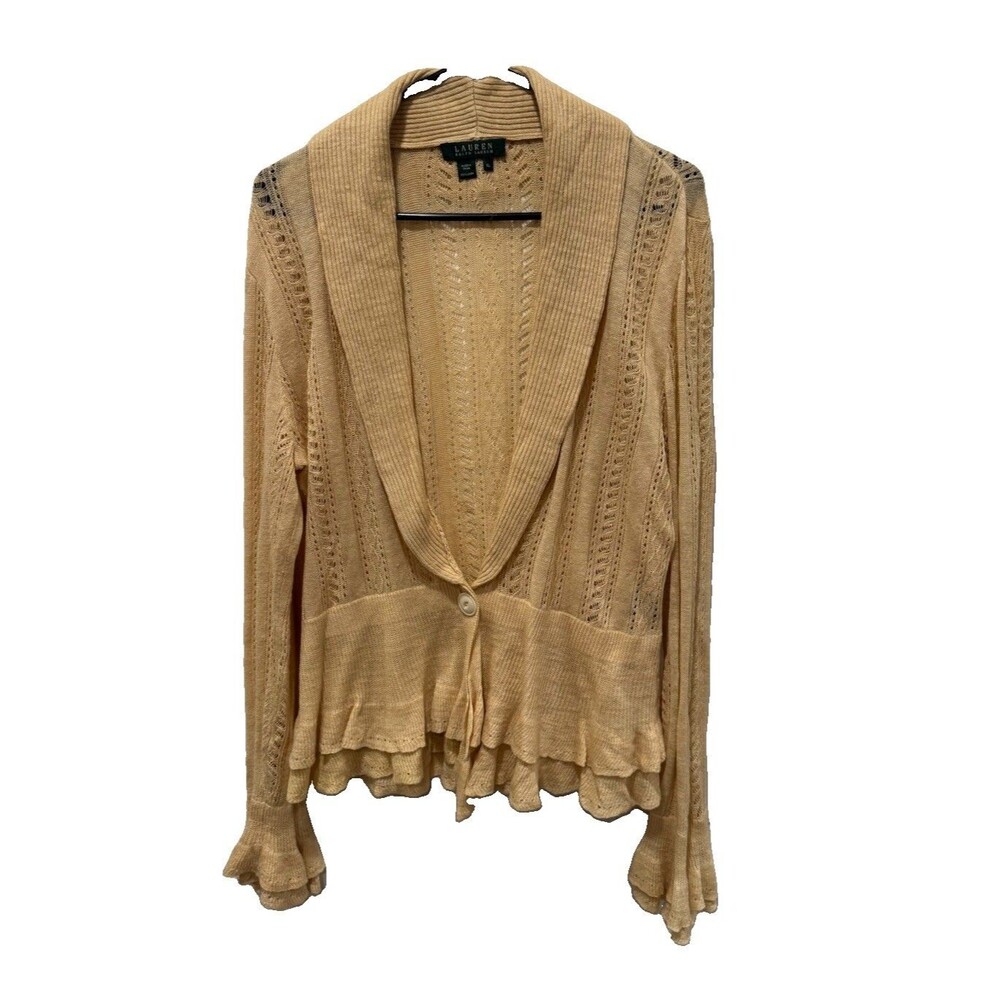Ralph Lauren Tan Crochet Linen Cardigan Women’s Size XL Ruffle Hem Fairy - Picture 9 of 10